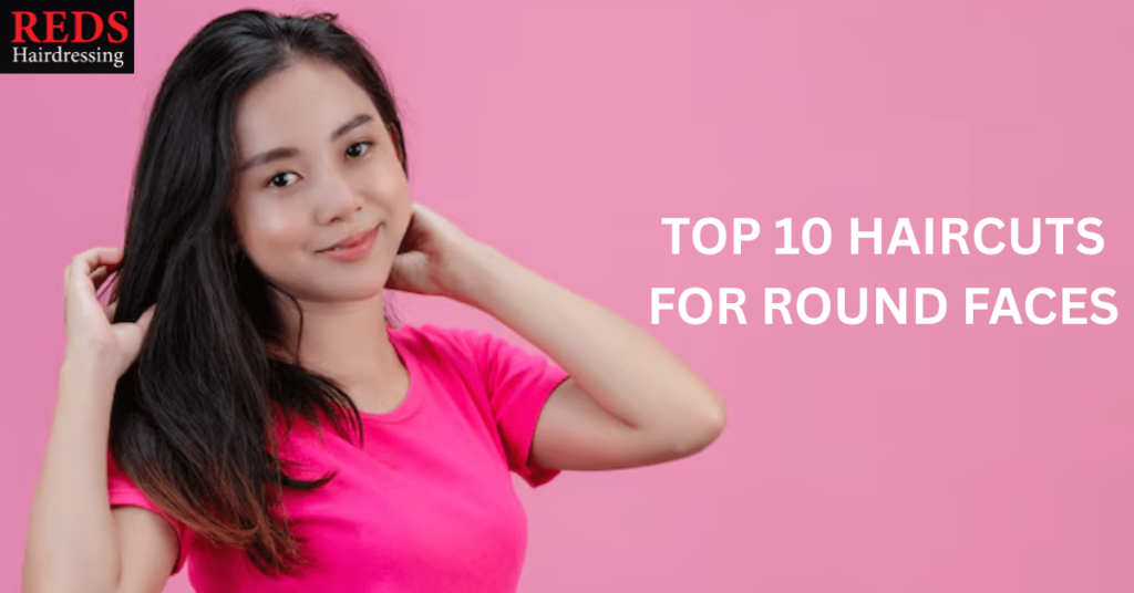 woman happy after receiving haircuts for round faces from salon